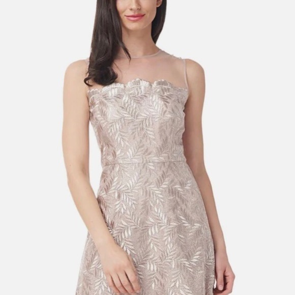 JS COLLECTIONS Rosie Embroidered Metallic Illusion Midi Cocktail Dress in Silver - Picture 3 of 4